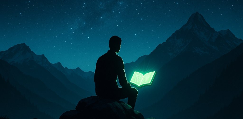Silhouette einer sitzenden Person auf einem Felsen unter einem sternenklaren Nachthimmel, vor ihr ein schwebendes, leuchtend grünes Buch, das Selbstreflexion und Selbstkenntnis symbolisiert, mit Bergen im Hintergrund.