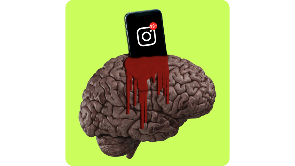 martphone mit Instagram-Symbol steckt im Gehirn und blutet – symbolische Darstellung der negativen Folgen von Social Media Sucht auf das Gehirn